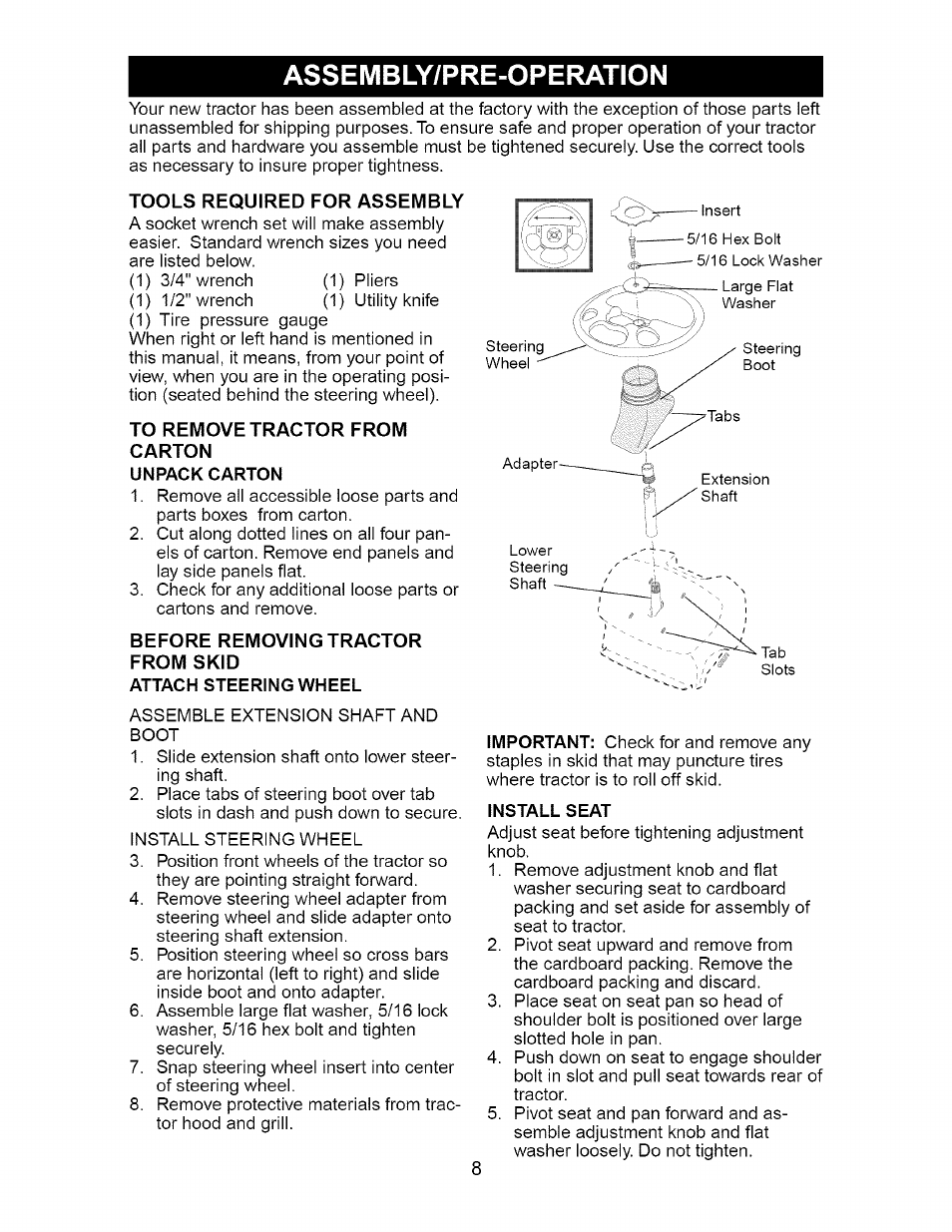 Assembly/pre-operation, Tools required for assembly, To remove tractor from | Carton, Unpack carton, Before removing tractor from skid, Attach steering wheel, Install seat | Craftsman Dlt 3000 917.275820 User Manual | Page 8 / 56
