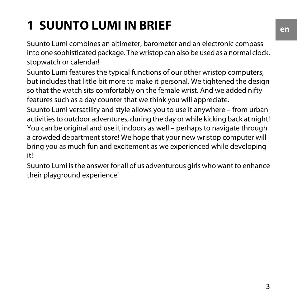 Chapter 1. suunto lumi in brief, 1 suunto lumi in brief | SUUNTO LUMI Quick Start User Manual | Page 6 / 13