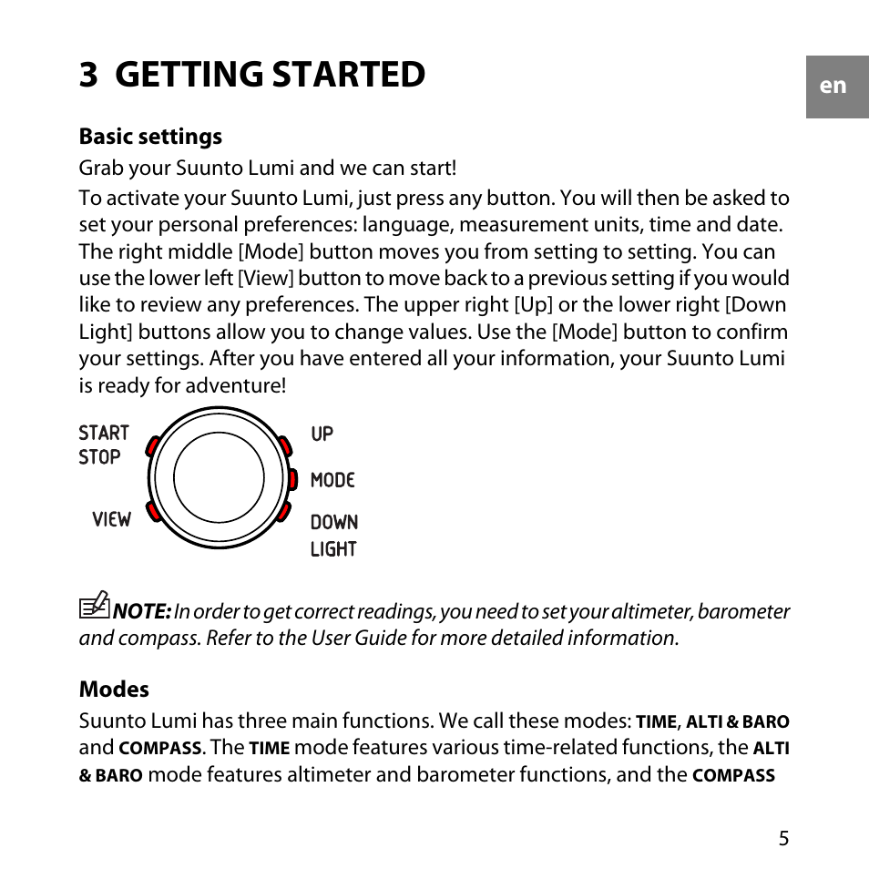 Chapter 3. getting started, 3 getting started, Basic settings | 5 modes | SUUNTO LUMI Quick Start User Manual | Page 8 / 13