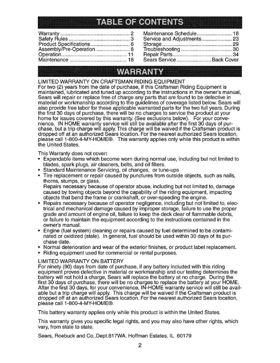 Warranty | Craftsman 917.273800 User Manual | Page 2 / 60