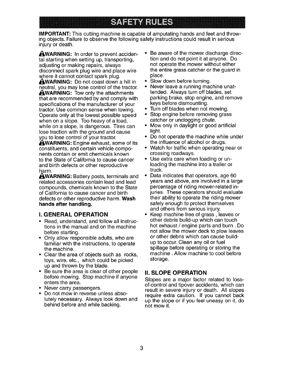 I. general operation, Ii. slope operation | Craftsman 917.273800 User Manual | Page 3 / 60