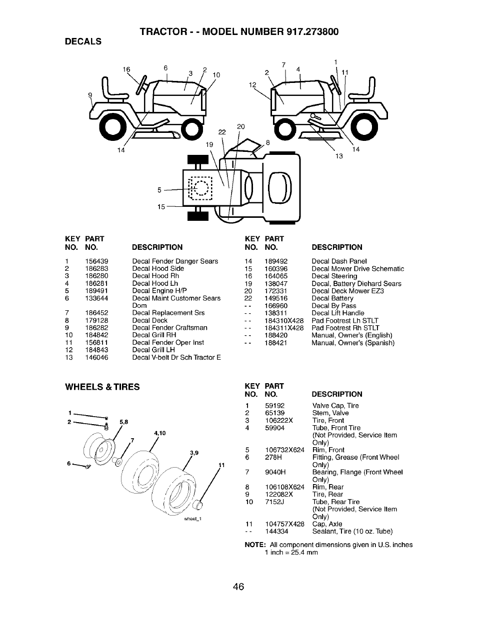 Decals, Wheels & tires | Craftsman 917.273800 User Manual | Page 46 / 60