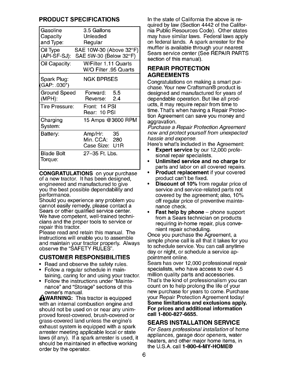 Customer responsibilities, Repair protection, Sears installation service | Craftsman 917.273800 User Manual | Page 6 / 60