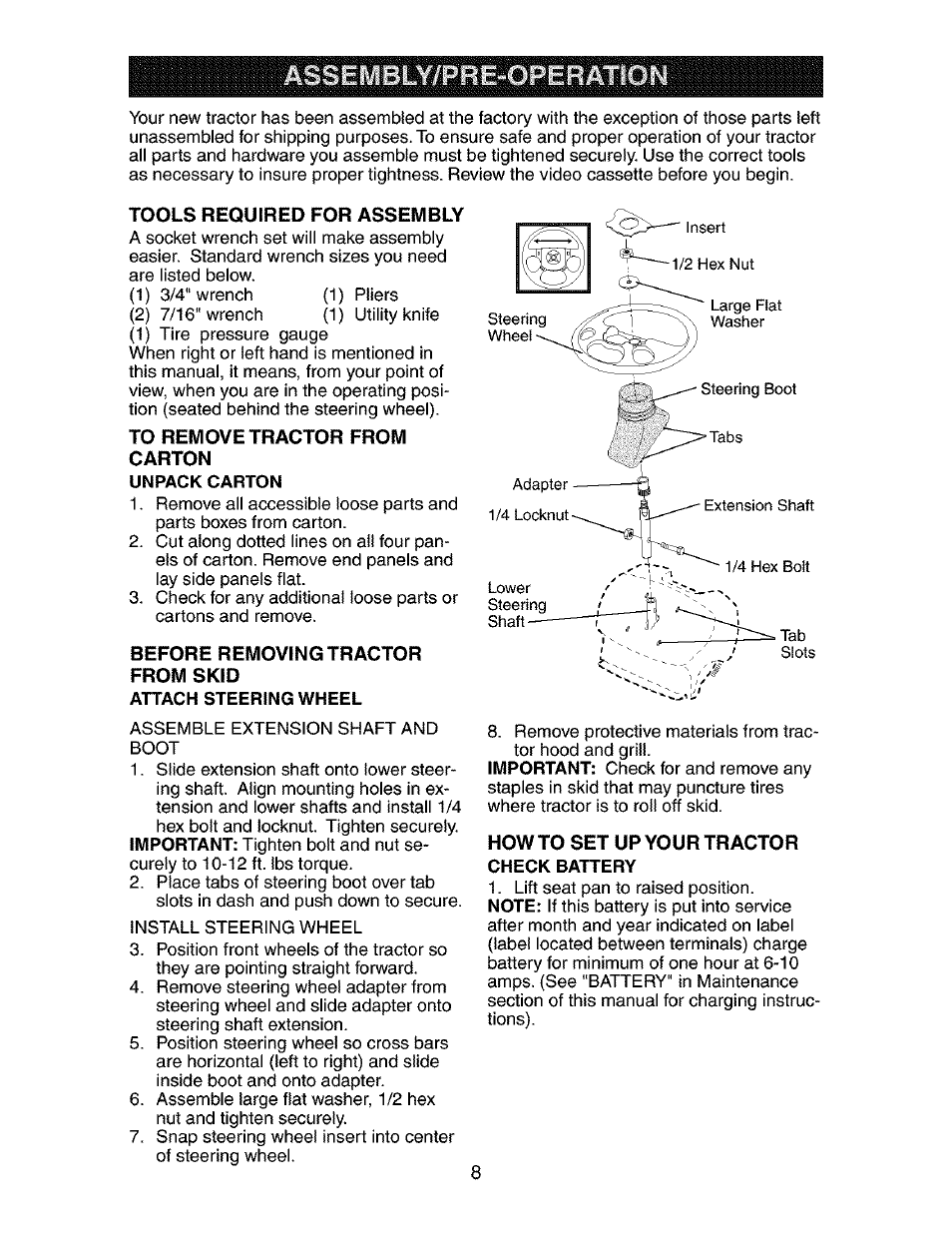 Tools required for assembly, Before removing tractor, From skid | Craftsman 917.273800 User Manual | Page 8 / 60