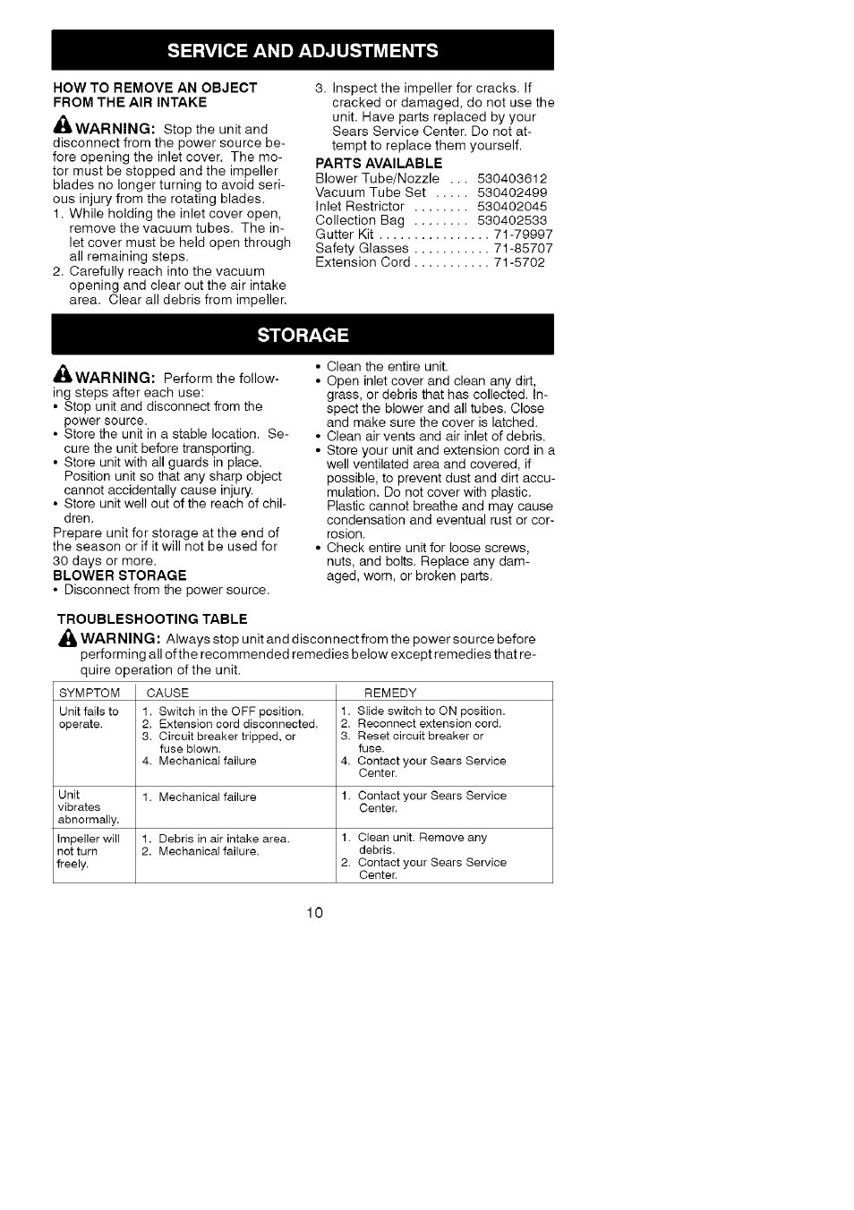 Service and adjustments, Storage | Craftsman 358.799430 User Manual | Page 10 / 21