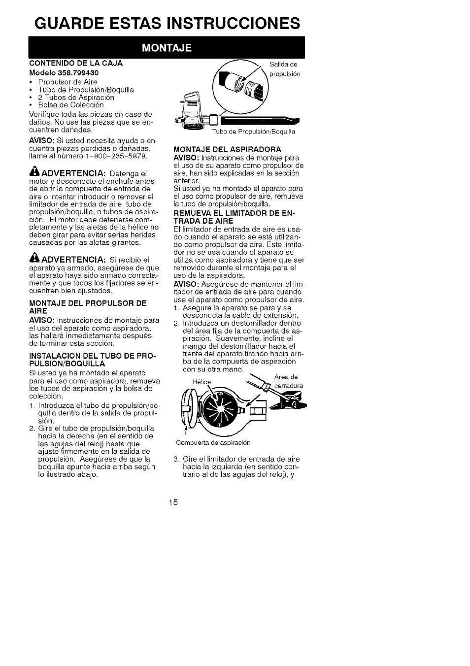 Guarde estas instrucciones, Montaje | Craftsman 358.799430 User Manual | Page 15 / 21