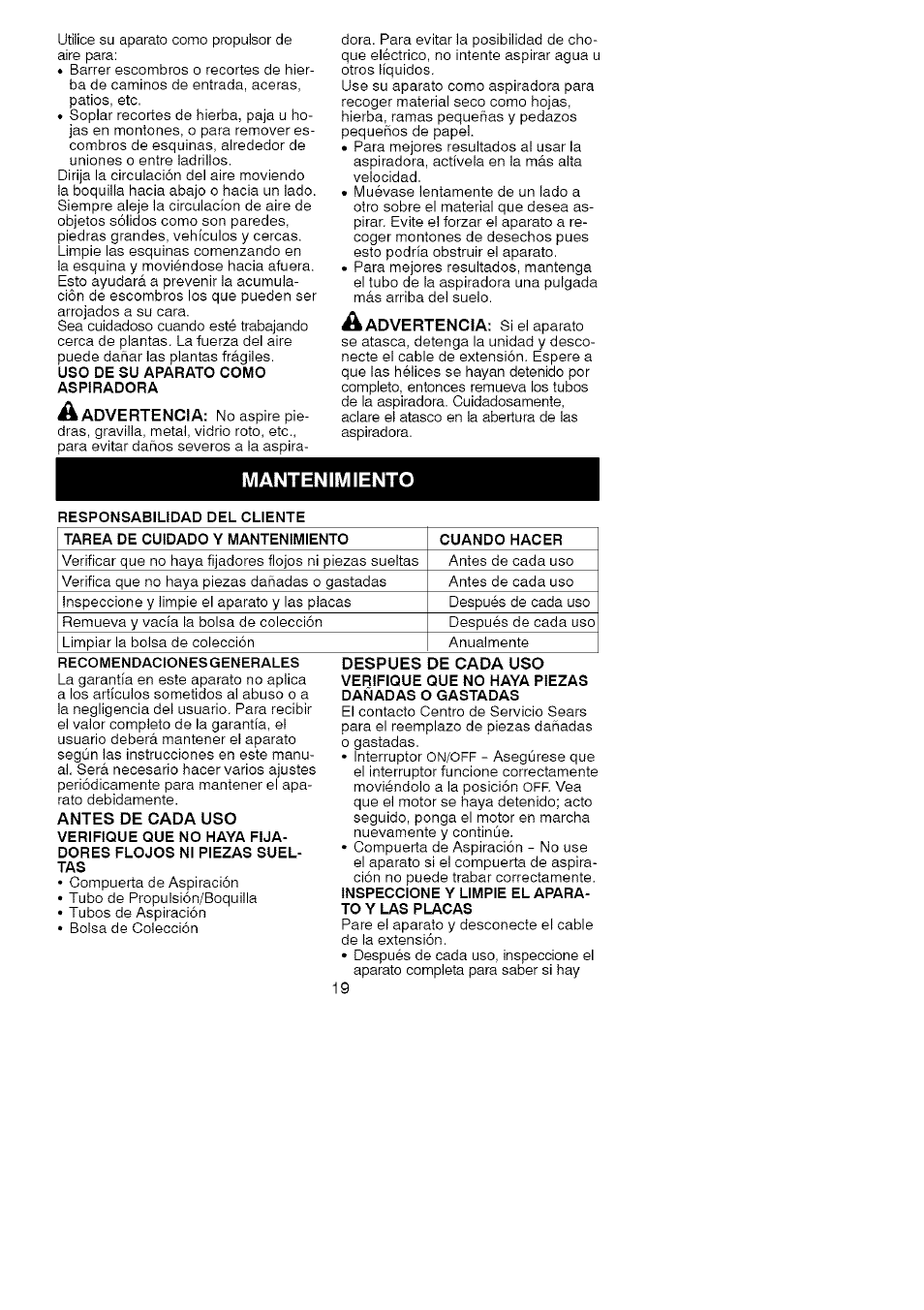 Mantenimiento | Craftsman 358.799430 User Manual | Page 19 / 21