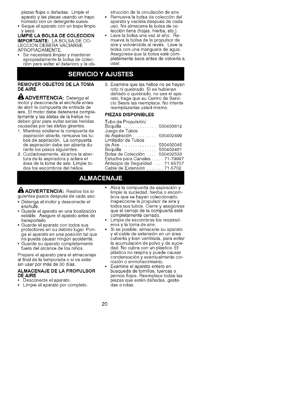 Servicio y ajustes, Almacenaje | Craftsman 358.799430 User Manual | Page 20 / 21