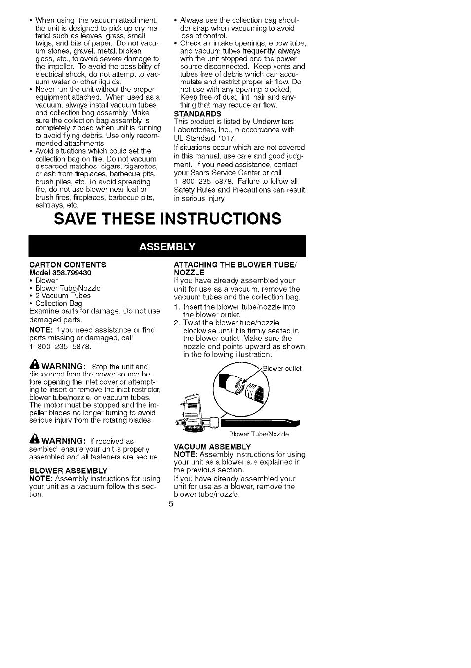 Save these instructions, Assembly | Craftsman 358.799430 User Manual | Page 5 / 21