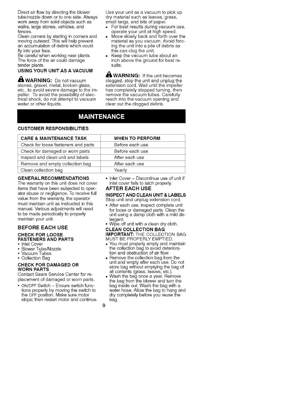 Maintenance | Craftsman 358.799430 User Manual | Page 9 / 21