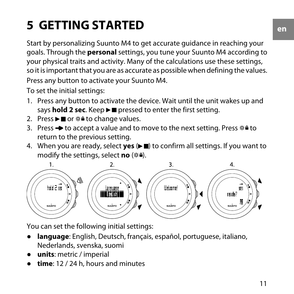 5 getting started | SUUNTO M4 User Manual | Page 11 / 45