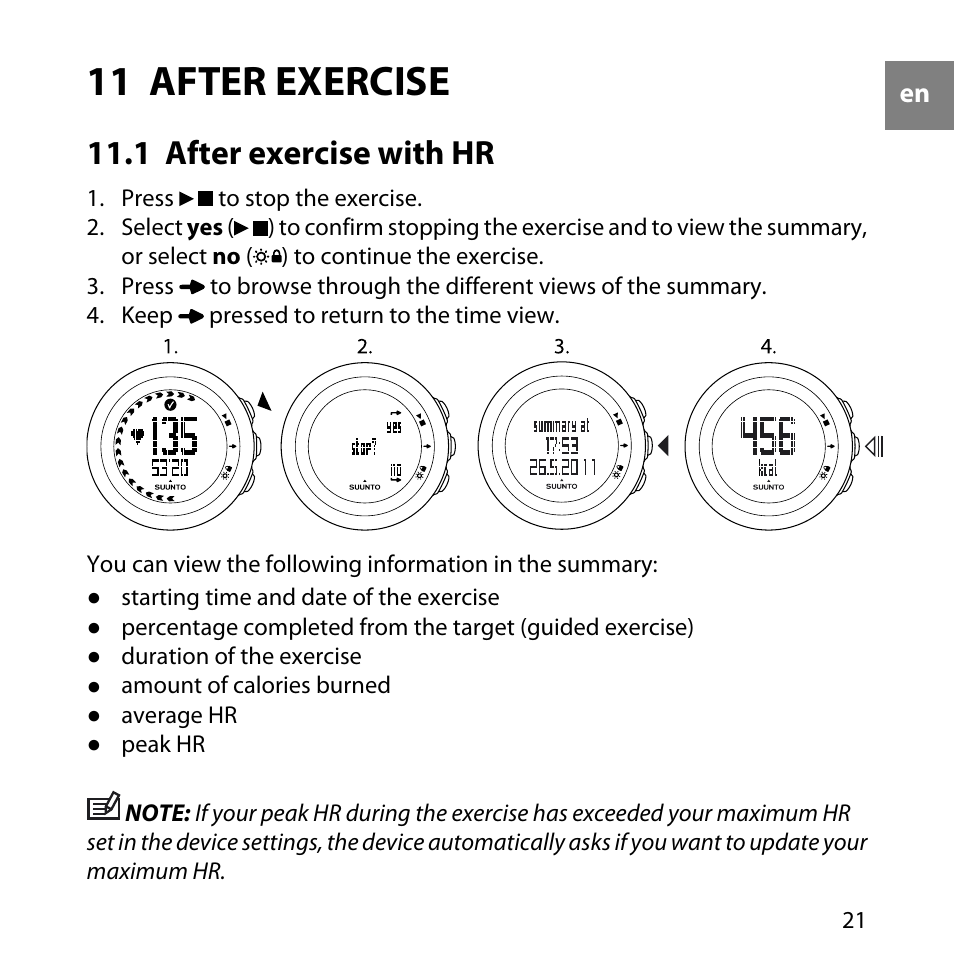 11 after exercise, 1 after exercise with hr | SUUNTO M4 User Manual | Page 21 / 45