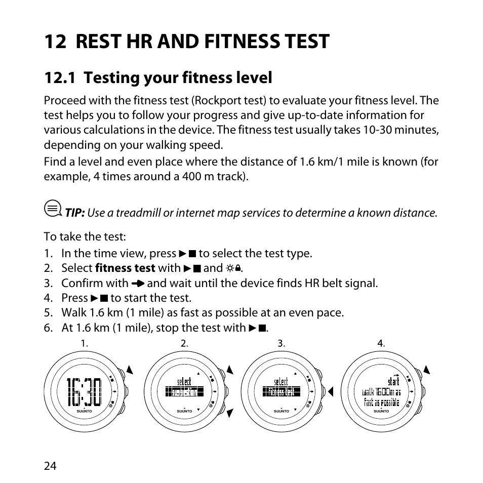 12 rest hr and fitness test, 1 testing your fitness level | SUUNTO M4 User Manual | Page 24 / 45