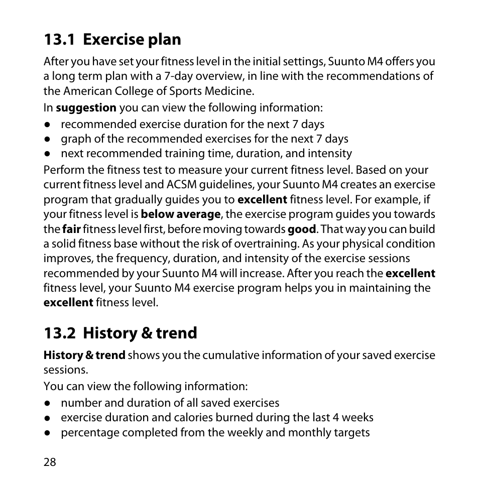 1 exercise plan, 2 history & trend, 28 13.2 history & trend | SUUNTO M4 User Manual | Page 28 / 45