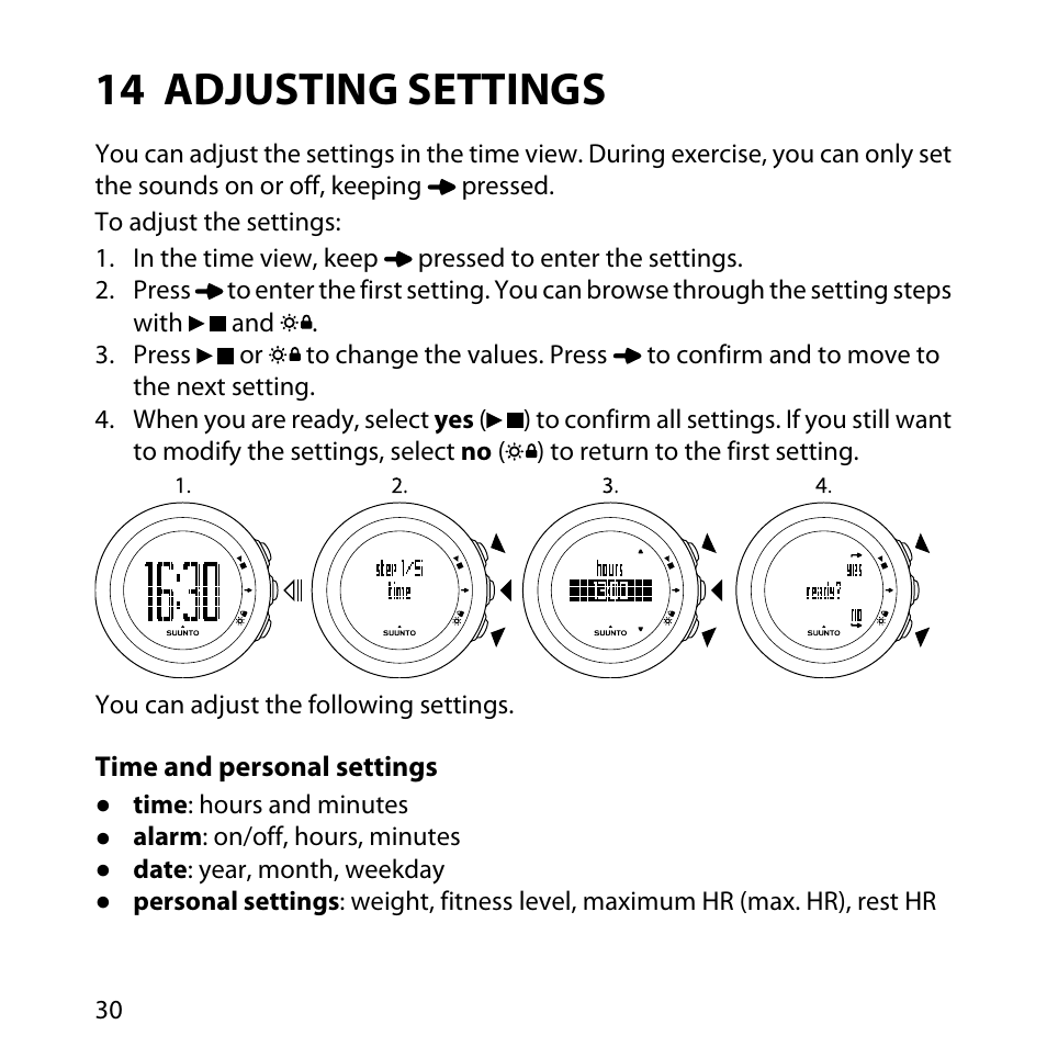 14 adjusting settings, Time and personal settings | SUUNTO M4 User Manual | Page 30 / 45