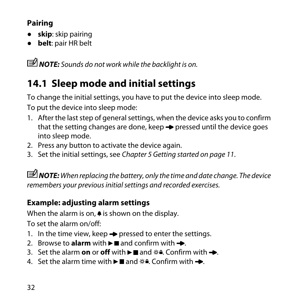 1 sleep mode and initial settings, Pairing, 32 14.1 sleep mode and initial settings | SUUNTO M4 User Manual | Page 32 / 45