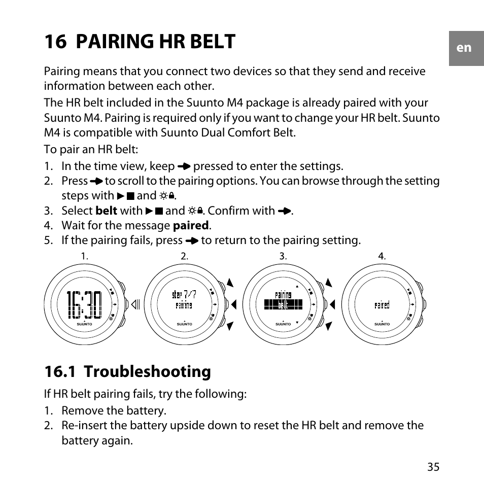 16 pairing hr belt, 1 troubleshooting | SUUNTO M4 User Manual | Page 35 / 45