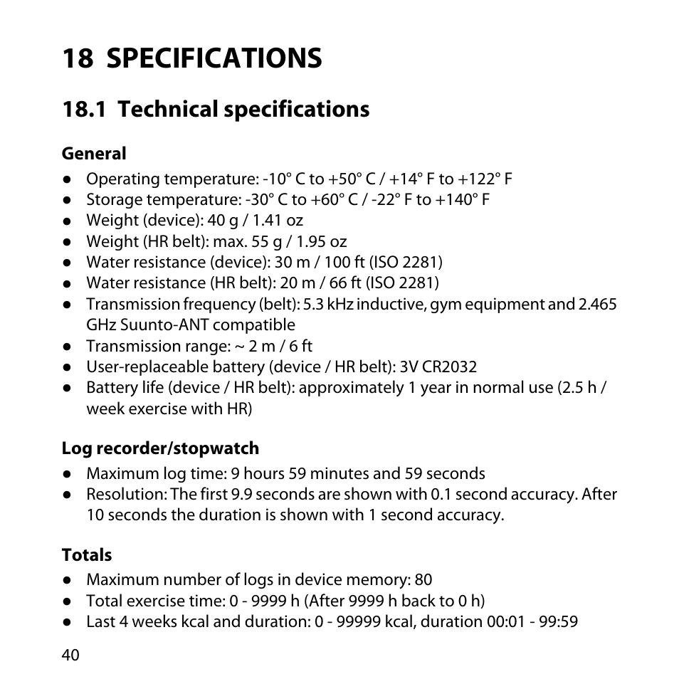 18 specifications, 1 technical specifications | SUUNTO M4 User Manual | Page 40 / 45