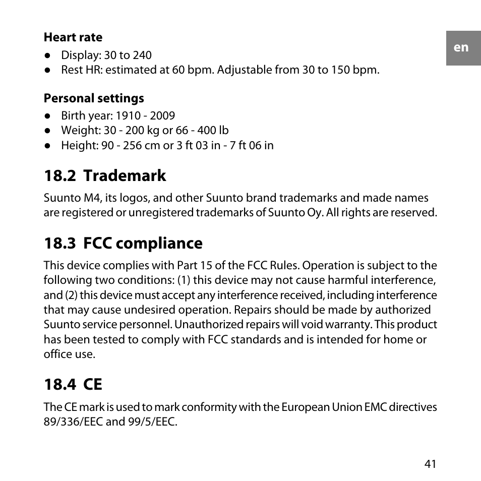 2 trademark, 3 fcc compliance, 4 ce | 41 18.3 fcc compliance, 41 18.4 ce | SUUNTO M4 User Manual | Page 41 / 45