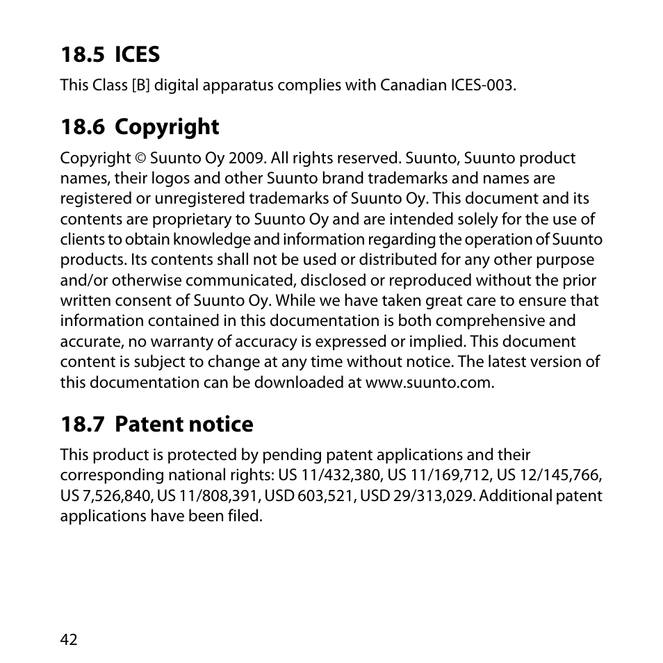 5 ices, 6 copyright, 7 patent notice | 42 18.6 copyright, 42 18.7 patent notice | SUUNTO M4 User Manual | Page 42 / 45