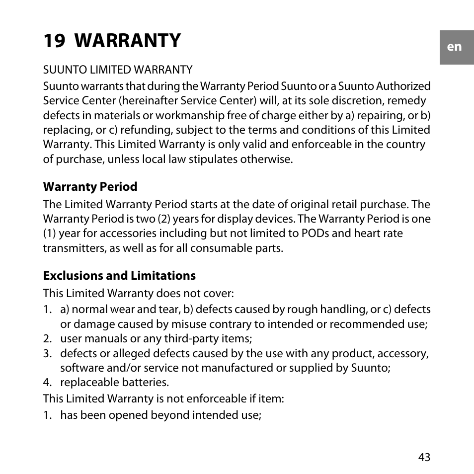 19 warranty, Warranty period, 43 exclusions and limitations | SUUNTO M4 User Manual | Page 43 / 45