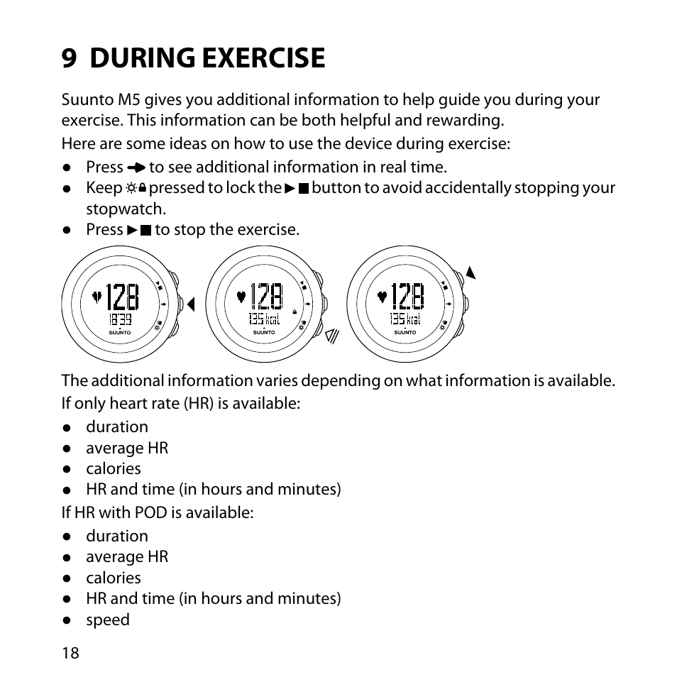 9 during exercise | SUUNTO M5 User Manual | Page 18 / 47