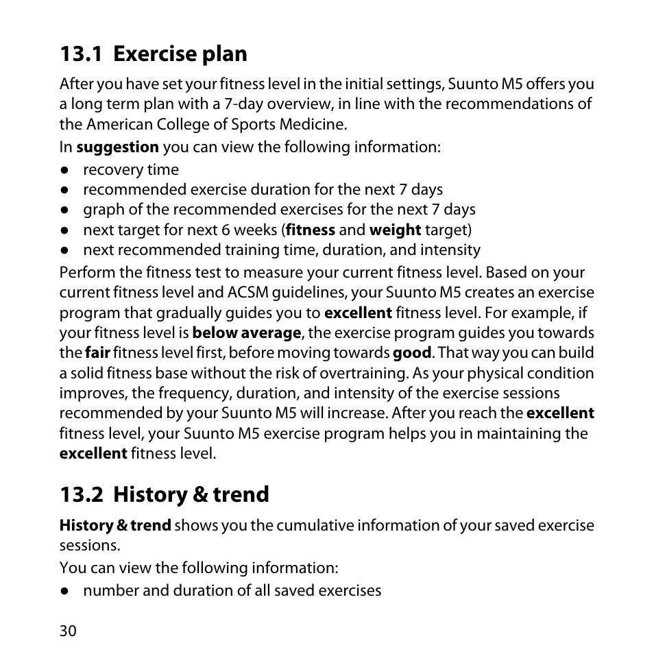 1 exercise plan, 2 history & trend, 30 13.2 history & trend | SUUNTO M5 User Manual | Page 30 / 47