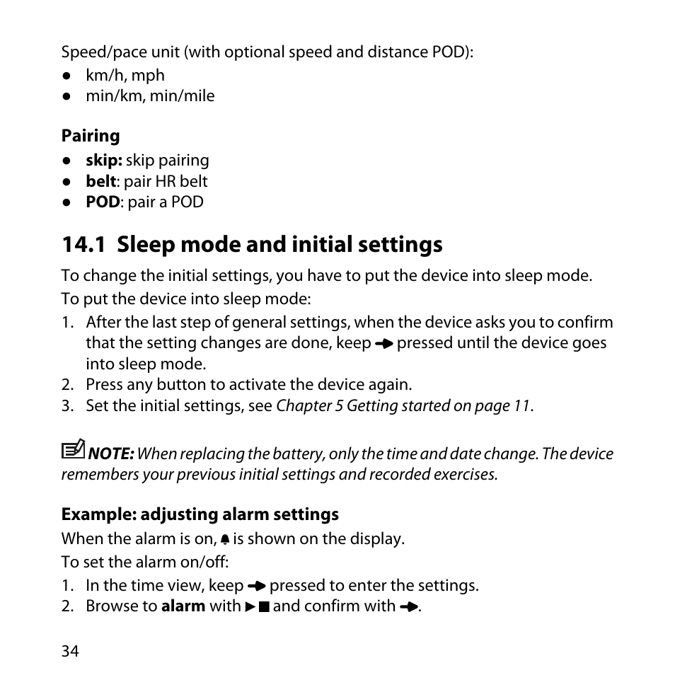 1 sleep mode and initial settings, Pairing, 34 14.1 sleep mode and initial settings | SUUNTO M5 User Manual | Page 34 / 47