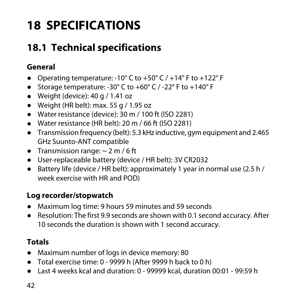 18 specifications, 1 technical specifications | SUUNTO M5 User Manual | Page 42 / 47