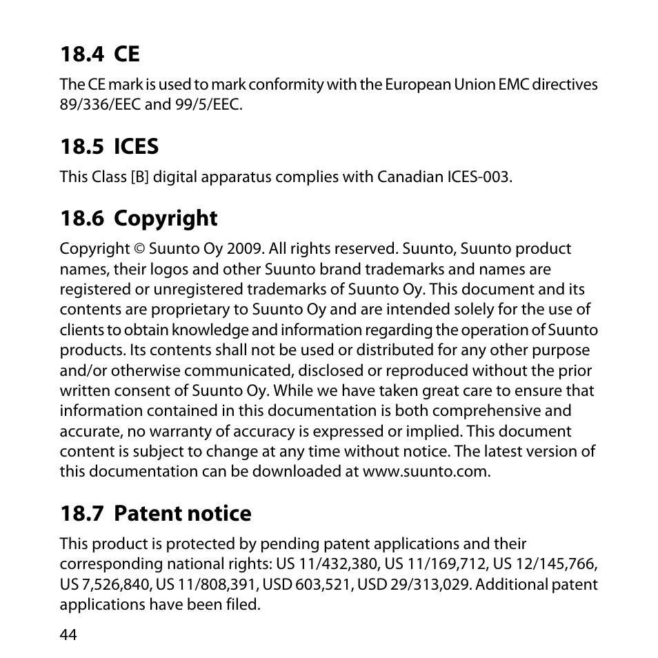 4 ce, 5 ices, 6 copyright | 7 patent notice, 44 18.5 ices, 44 18.6 copyright, 44 18.7 patent notice | SUUNTO M5 User Manual | Page 44 / 47