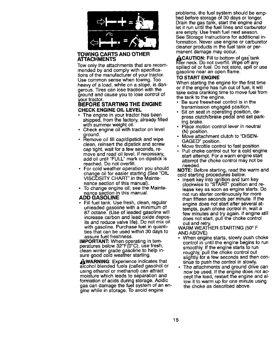 Towing carts and other attachments, Before starting the engine, Add gasoline | Craftsman 917.270822 User Manual | Page 15 / 60