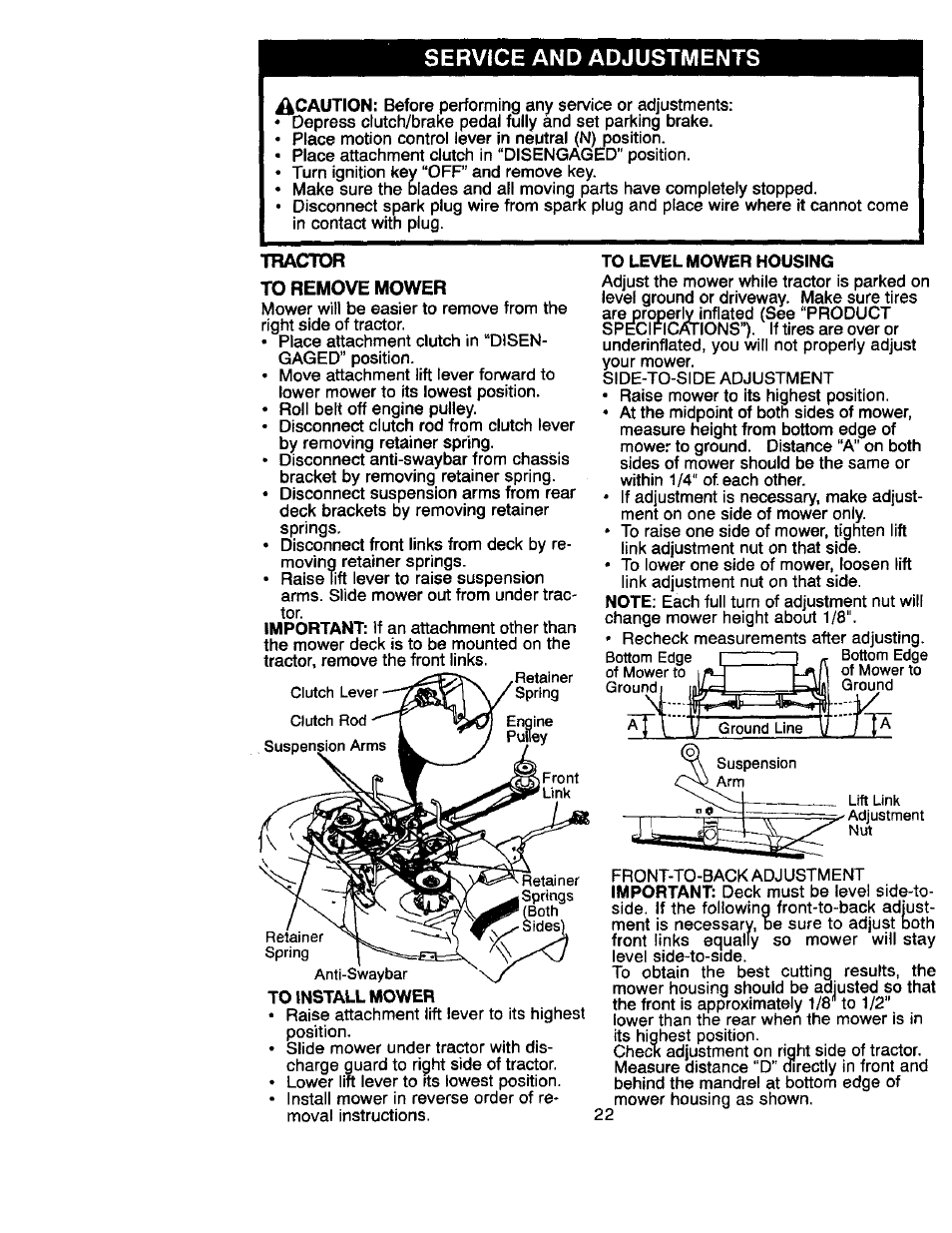 Service and adjustments, Mactor, To remove mower | Mactor to remove mower | Craftsman 917.270822 User Manual | Page 22 / 60