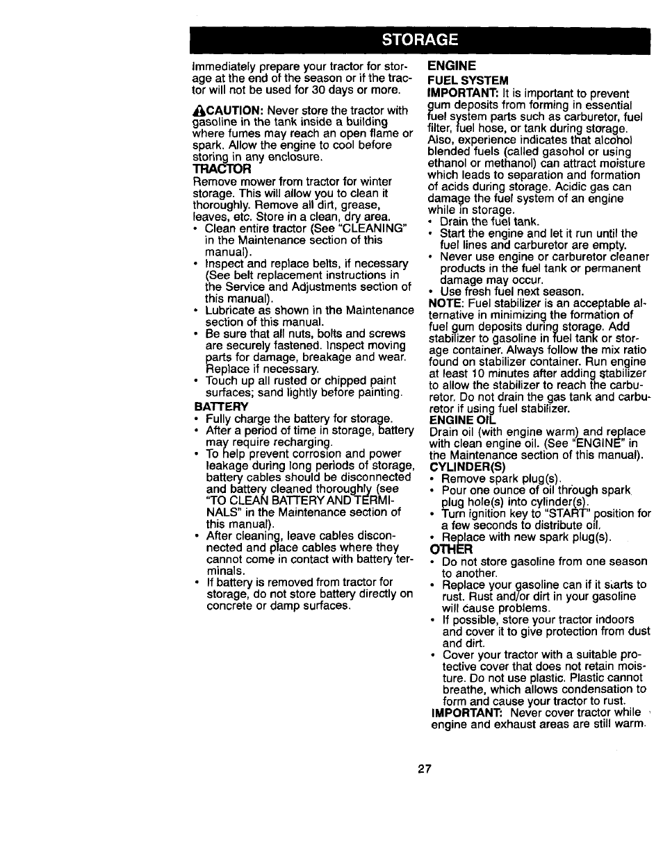Tractor, Storage, Engine | Other | Craftsman 917.270822 User Manual | Page 27 / 60