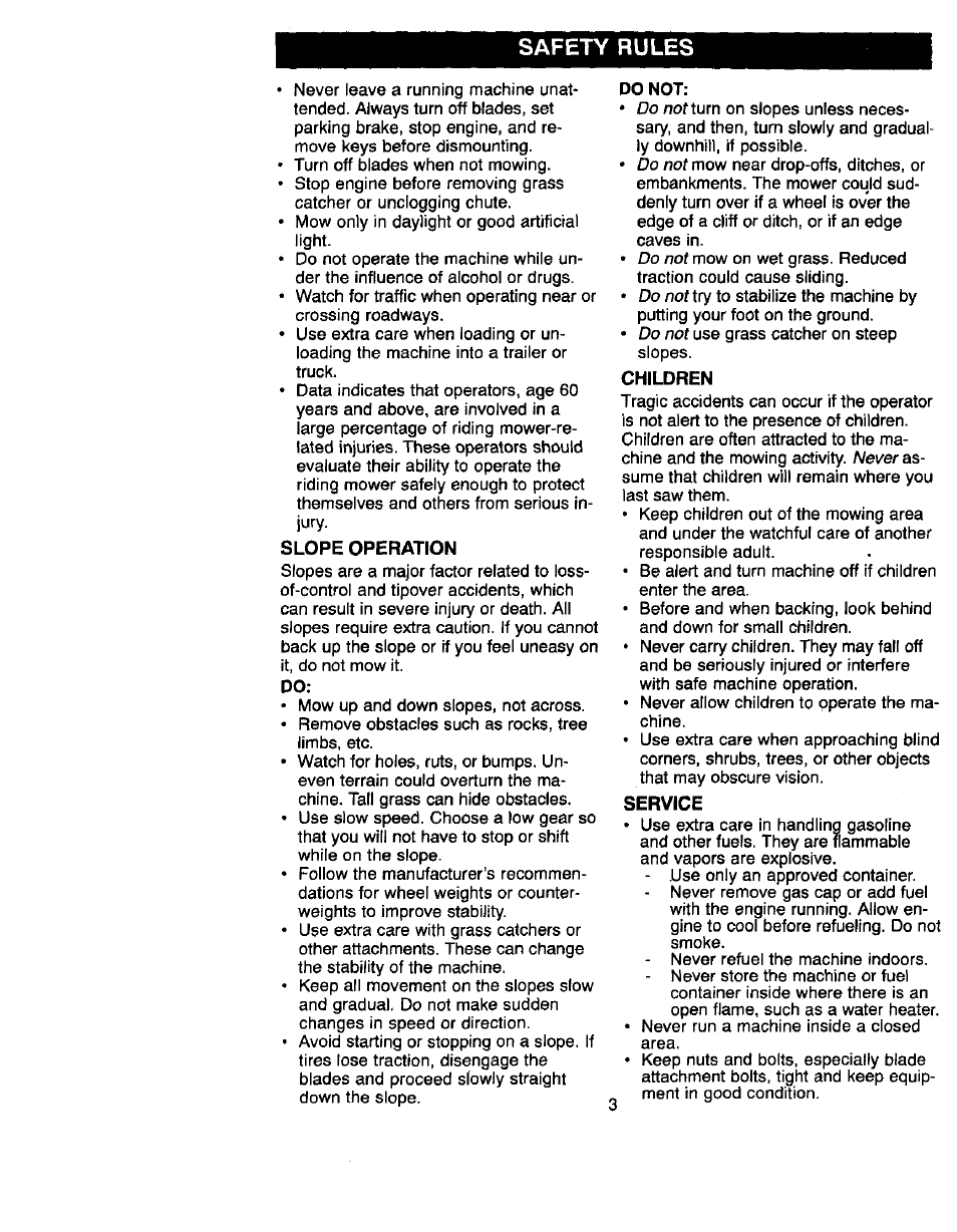 Slope operation, Children, Service | Safety rules | Craftsman 917.270822 User Manual | Page 3 / 60