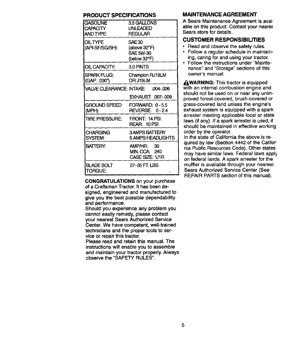 Maintenance agreement, Customer responsibilities, Product specircations | Craftsman 917.270822 User Manual | Page 5 / 60