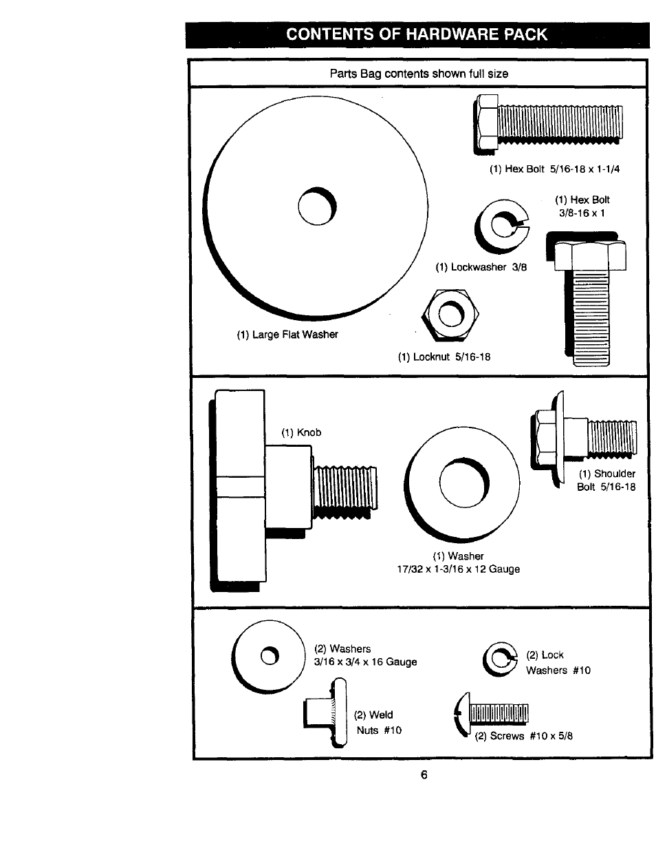 Contents of hardware pack | Craftsman 917.270822 User Manual | Page 6 / 60