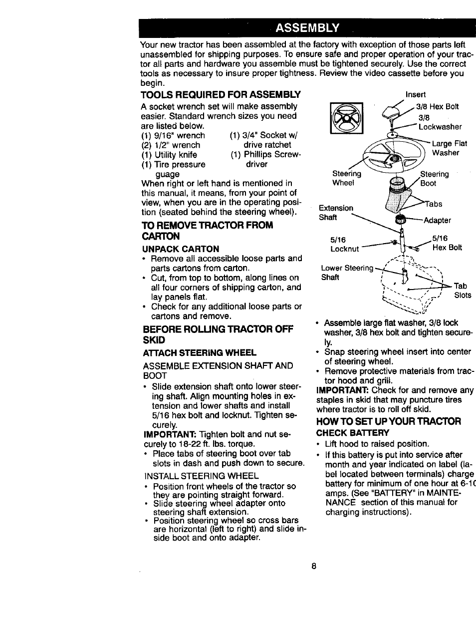Assembly, Tools required for assembly, To remove tractor from carton | Before rolung tractor off skid, How to set up your tractor | Craftsman 917.270822 User Manual | Page 8 / 60