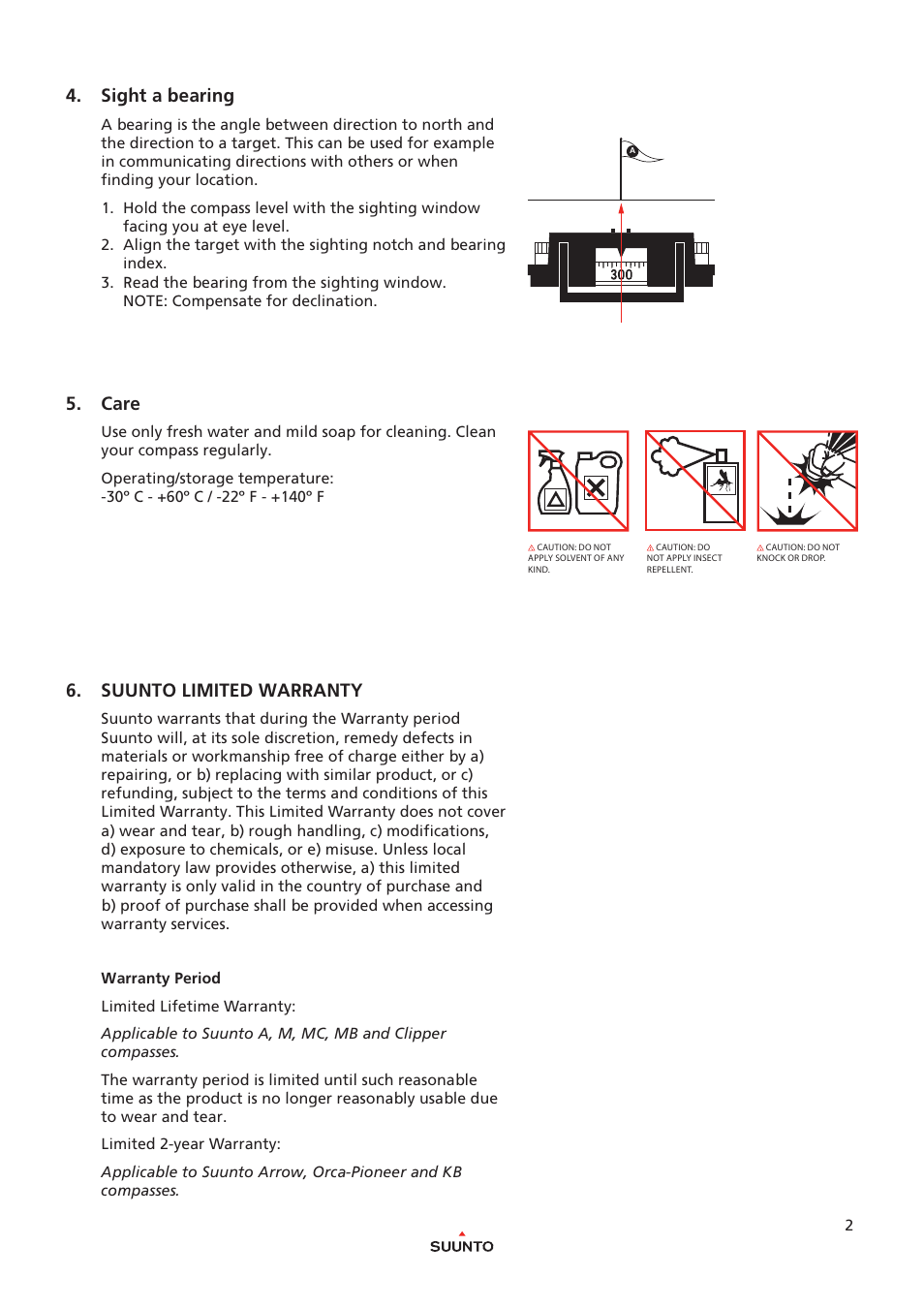 Sight a bearing, Care, Suunto limited warranty | SUUNTO M-9 User Manual | Page 2 / 3