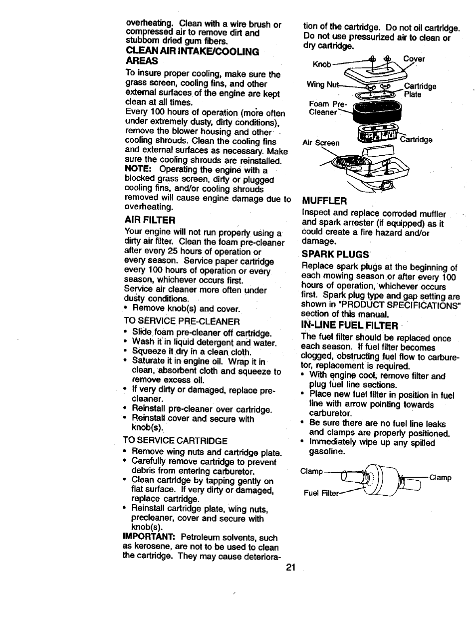 Clean air intakecooling areas, Air filter, Muffler | Sparkplugs, In-line fuel filter | Craftsman 917.270961 User Manual | Page 21 / 60
