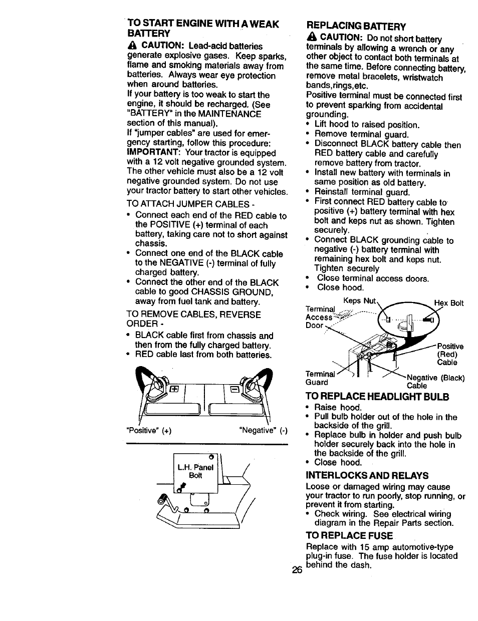 To start engine with a weak battery, To replace headlight bulb, Interlocks and relays | To replace fuse | Craftsman 917.270961 User Manual | Page 26 / 60