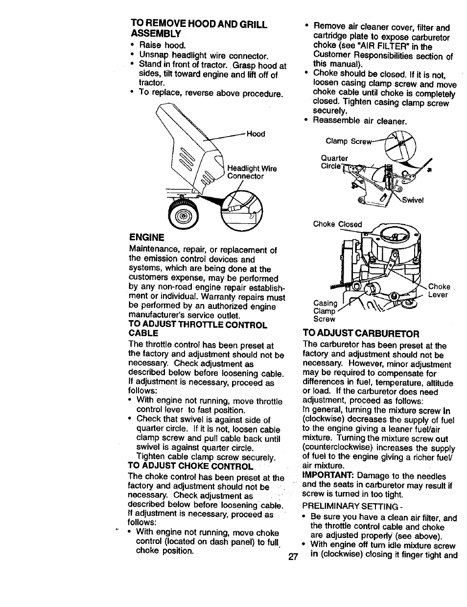 To remove hood and grill assembly, Engine, To adjust carburetor | Craftsman 917.270961 User Manual | Page 27 / 60