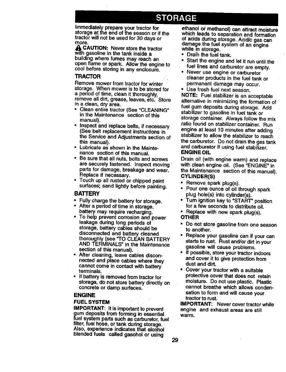 Tractor, Battery, Storage | Craftsman 917.270961 User Manual | Page 29 / 60