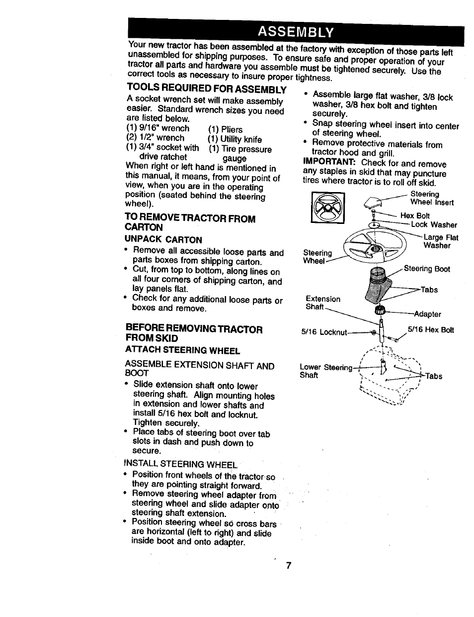 To remove tractor from carton, Before removing tractor from skid, Assembly | Tools required for assembly | Craftsman 917.270961 User Manual | Page 7 / 60