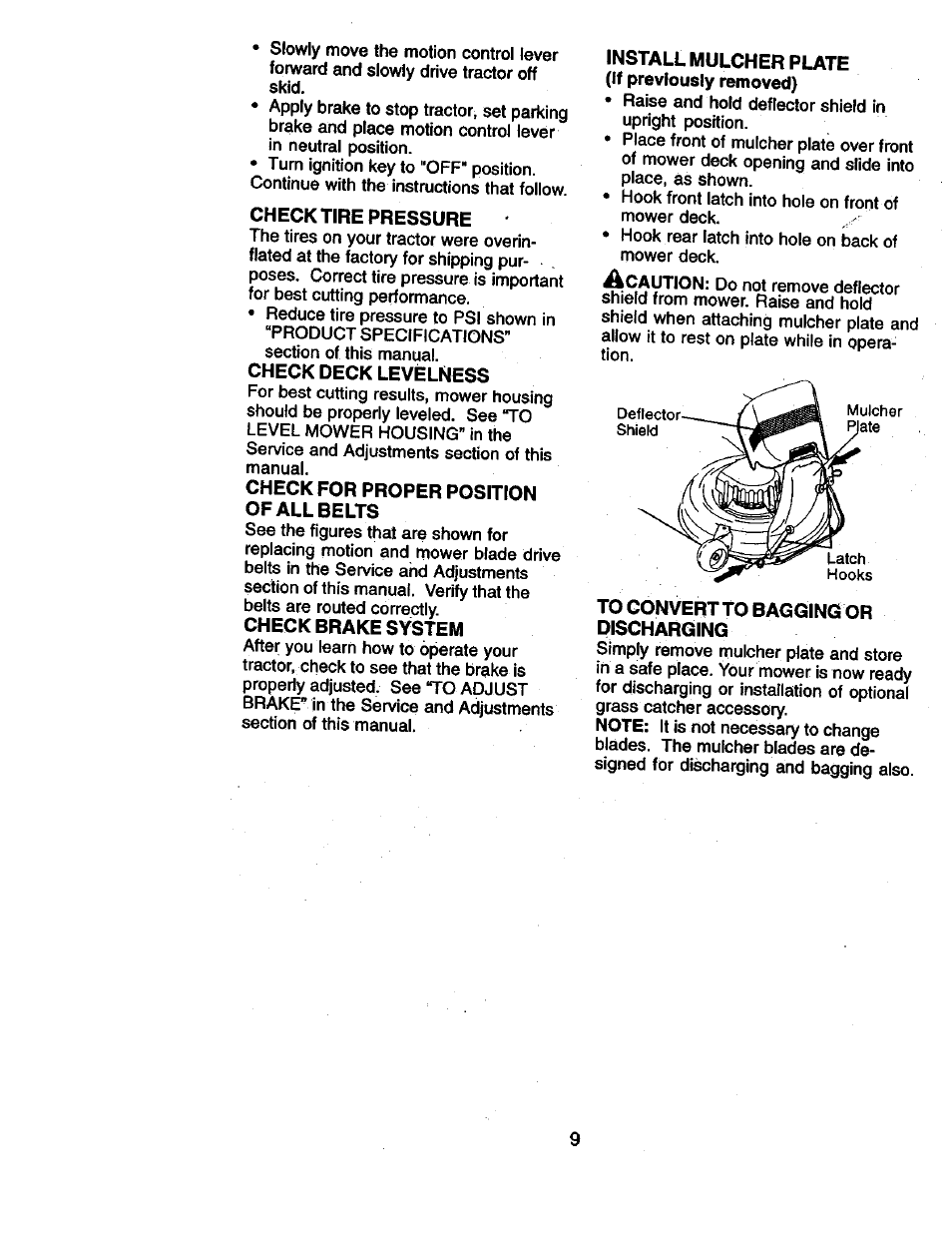 Check tire pressure, Check for proper position of all belts, Install mulcher plate (if previously removed) | To convert to bagging or discharging | Craftsman 917.270961 User Manual | Page 9 / 60