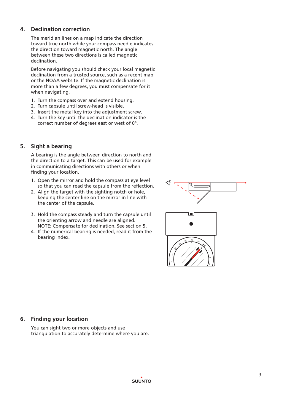 Declination correction, Sight a bearing, Finding your location | SUUNTO MB-6 GLOBAL User Manual | Page 3 / 6