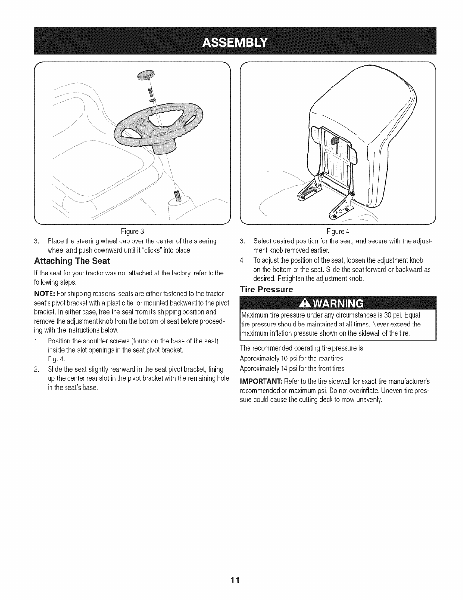 Assembly, Attaching the seat, Awarning | Tire pressure | Craftsman 247.28901 User Manual | Page 11 / 92