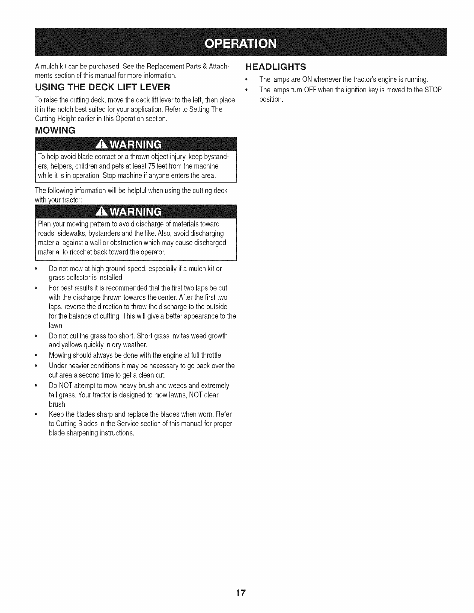 Using the deck lift lever, Mowing, Awarning | Headlights, Operation | Craftsman 247.28901 User Manual | Page 17 / 92