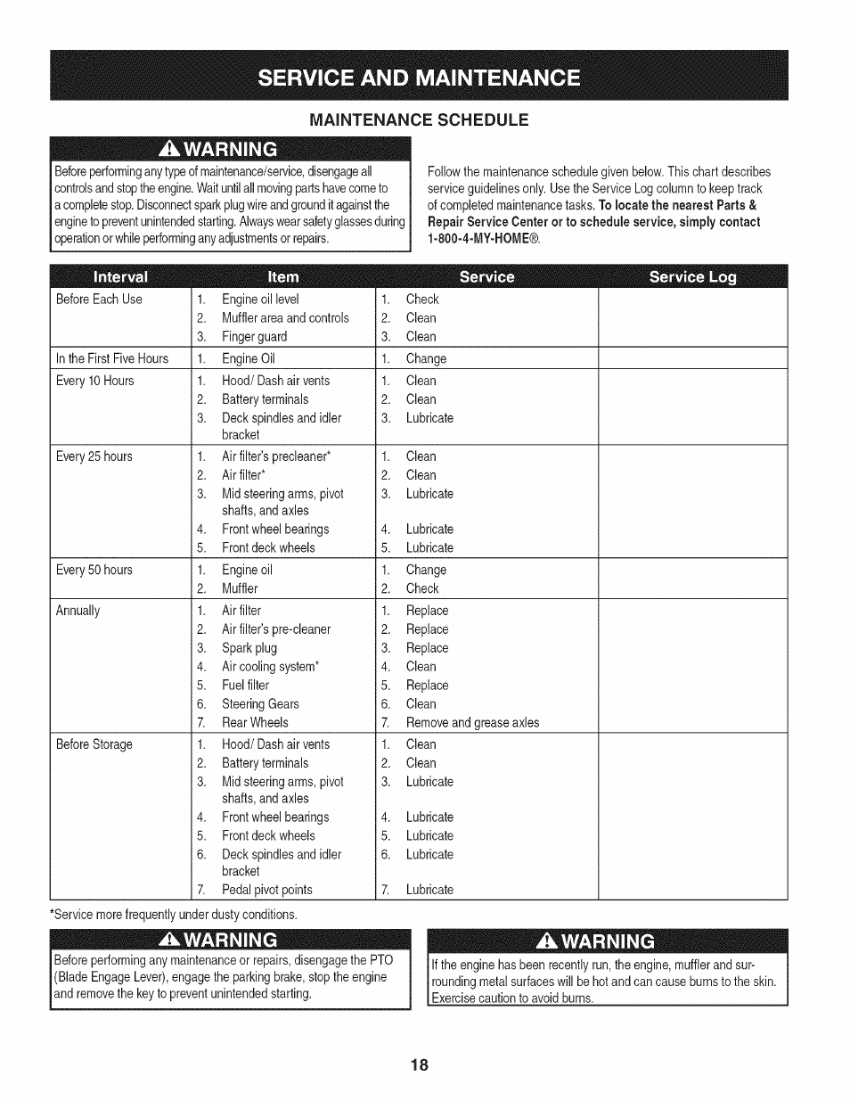 Service and maintenance, Awarning a, Maintenance schedule | Interval item service service log, Warning | Craftsman 247.28901 User Manual | Page 18 / 92