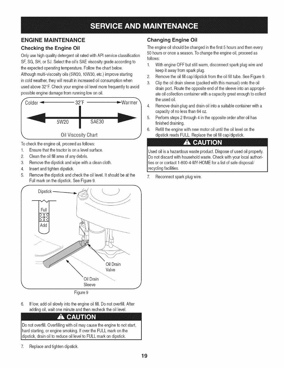 Engine maintenance checking the engine oil, A caution, Service and maintenance | Changing engine oil | Craftsman 247.28901 User Manual | Page 19 / 92