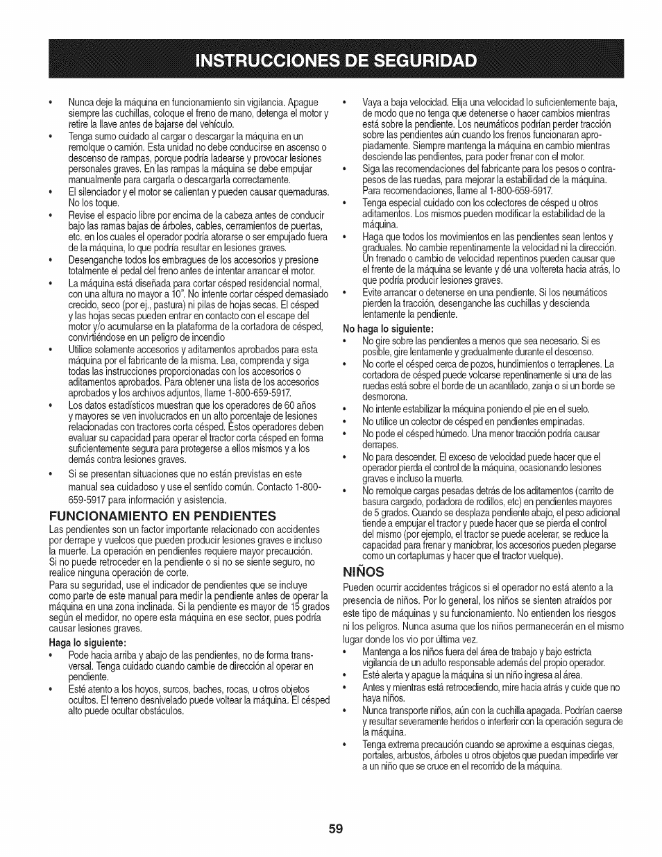 Funcionamiento en pendientes, Niños, Instrucciones de seguridad | Craftsman 247.28901 User Manual | Page 59 / 92
